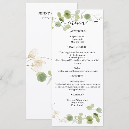 Rustieke Eucalyptus Groene Gouden Huwelijksrecepti Menu (Voorkant / Achterkant)