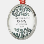 Rustieke Eucalyptus Keepsake Eerste Kerstdag Metalen Ornament (Links)