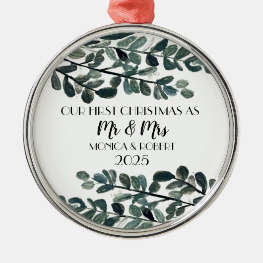 Rustieke Eucalyptus Keepsake Eerste Kerstdag Metalen Ornament (Voorkant)