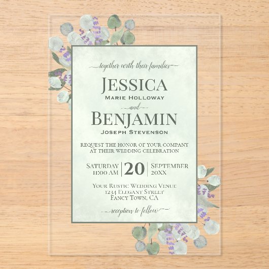 Rustieke Eucalyptus & Lavendel Stijlvolle Tekst Tr Acryl Uitnodigingen (Voorkant)