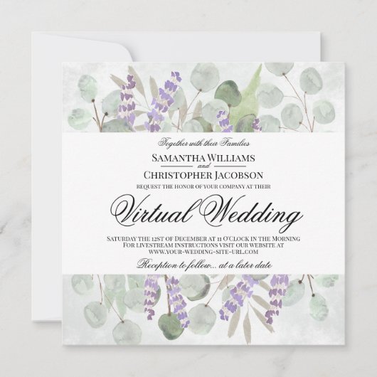 Rustieke Eucalyptus & Lavendel virtuele bruiloft Kaart (Voorkant)