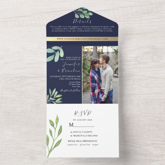 Rustieke Eucalyptus Marine Blauwe Huwelijk All In One Uitnodiging (Binnen)