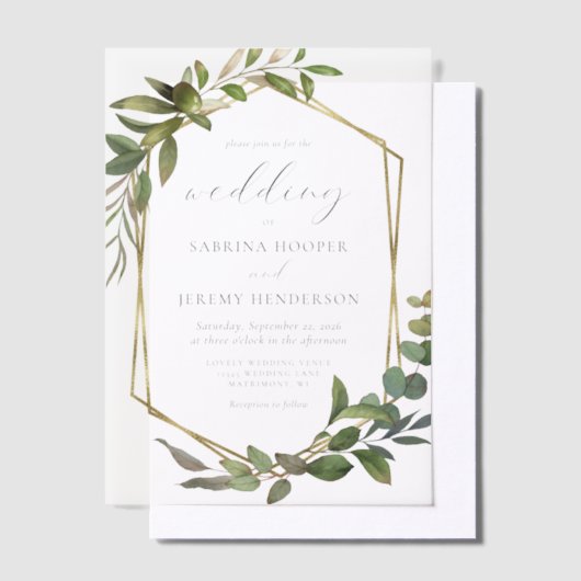 Rustieke Eucalyptus Olijfgouden Lijst bruiloft Vellum Uitnodigingen (Offset)