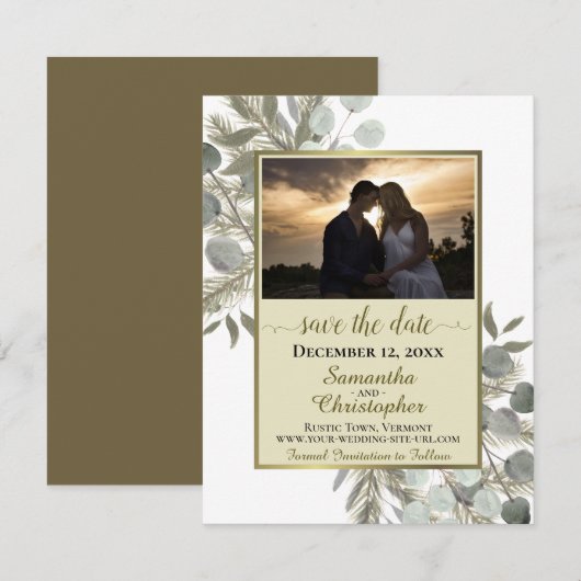 Rustieke Eucalyptus & Pijnboom met Foto Gouden Bru Save The Date (Voorkant / Achterkant)