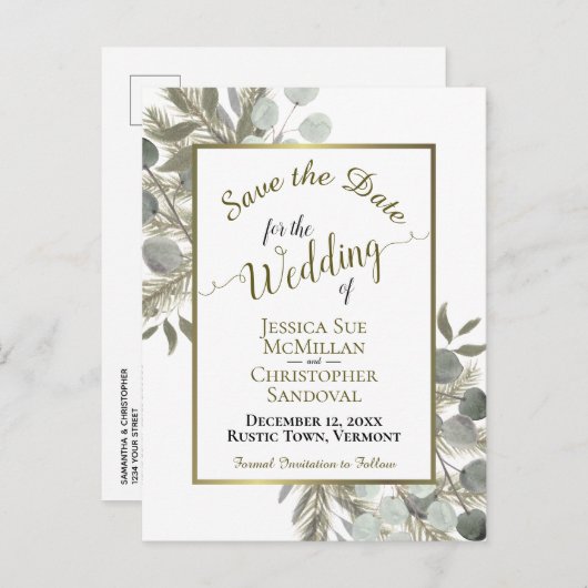 Rustieke Eucalyptus & Pine Bruiloft Save the Date Aankondigingskaart (Voorkant / Achterkant)