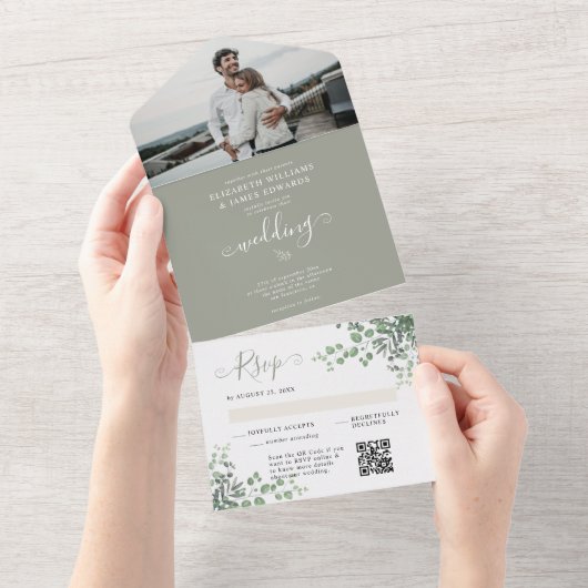 Rustieke Eucalyptus QR Code RSVP Lente Huwelijk All In One Uitnodiging (Afscheurbaar)