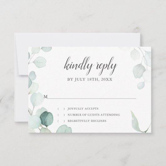 Rustieke Eucalyptus Script bruiloft RSVP (Voorkant)