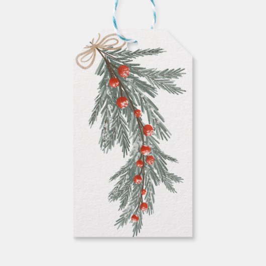 Rustieke Evergreen Branch Red Berry Vrolijk Kerstf Cadeaulabel (Achterkant)