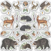 Rustieke Evergreen Pine Forest Dieren Sticker Shee