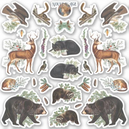 Rustieke Evergreen Pine Forest Dieren Sticker Shee (Voorkant)