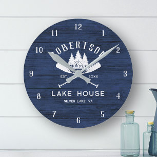 Rustieke familie Lake House Navy Blue Wood Ronde Klok