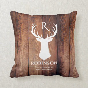 Rustieke familienaam monogram hout herten gewei kussen