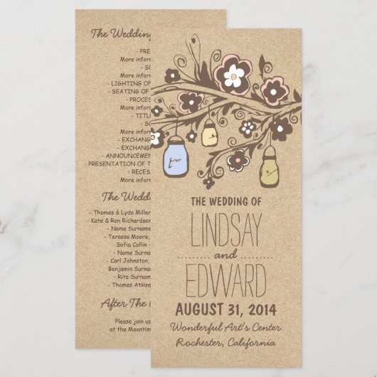 Rustieke fancy Bloemen Mason Jars Wedding Programm Programma (Voorkant / Achterkant)