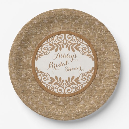 Rustieke Faux Burlap Lace Wood Wedding Vrijgezelle Papieren Bordje (Voorkant)