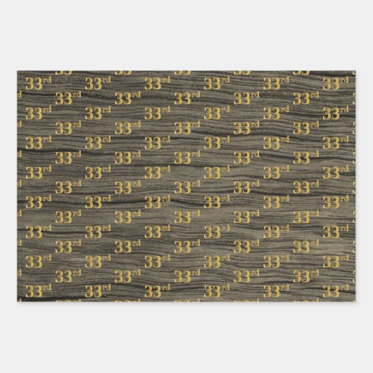 Rustieke Faux Wood Grain, Elegant Faux Gold "33rd" Inpakpapier Vel (Voorkant 3)