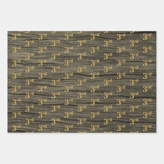 Rustieke Faux Wood Grain, Elegant Faux Gold "3rd" Inpakpapier Vel (Voorkant 2)