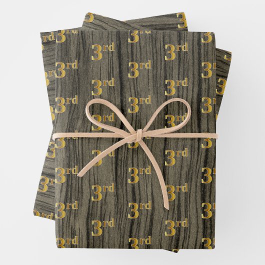 Rustieke Faux Wood Grain, Elegant Faux Gold "3rd" Inpakpapier Vel (In situ)