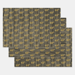 Rustieke Faux Wood Grain, Elegant Faux Gold "60th" Inpakpapier Vel