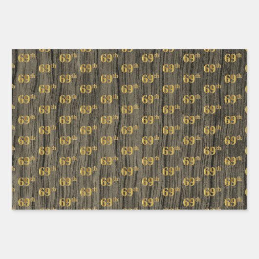 Rustieke Faux Wood Grain, Elegant Faux Gold "69th" Inpakpapier Vel (Voorkant)