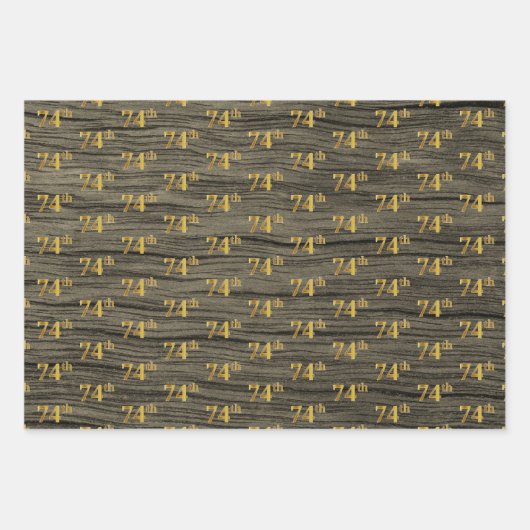 Rustieke Faux Wood Grain, Elegant Faux Gold "74th" Inpakpapier Vel (Voorkant 2)