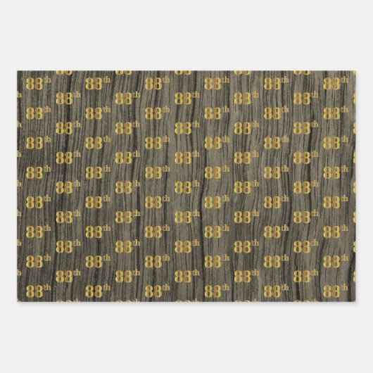 Rustieke Faux Wood Grain, Elegant Faux Gold "88th" Inpakpapier Vel (Voorkant 3)