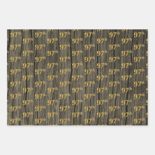 Rustieke Faux Wood Grain, Elegant Faux Gold "97th" Inpakpapier Vel (Voorkant)