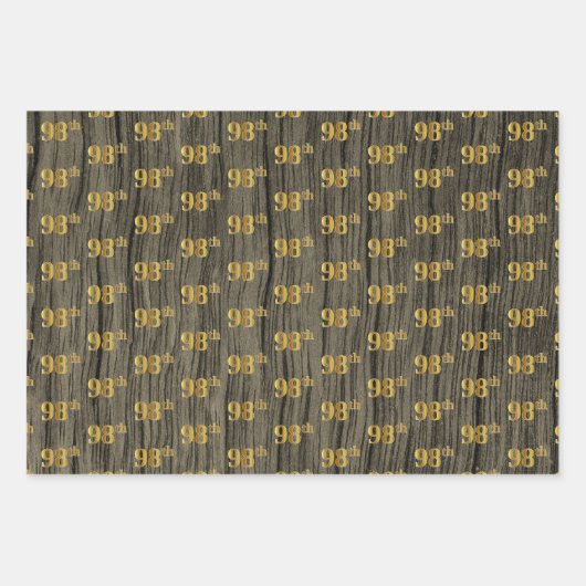 Rustieke Faux Wood Grain, Elegant Faux Gold "98th" Inpakpapier Vel (Voorkant)