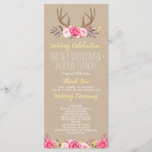 Rustieke Floral Pioen & Herten Antler Trouwprogram Programma (Voorkant)