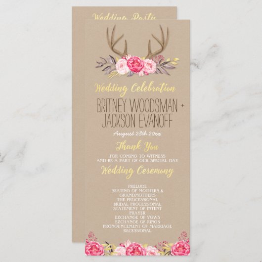 Rustieke Floral Pioen & Herten Antler Trouwprogram Programma (Voorkant / Achterkant)