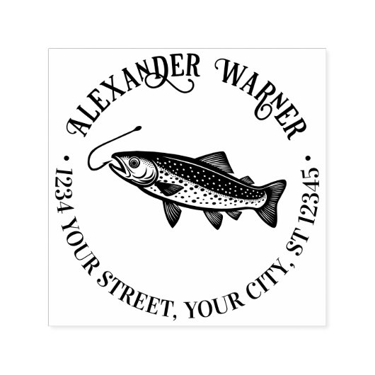 Rustieke forel, vishaak naam terug adres zelfinktende stempel (Design)