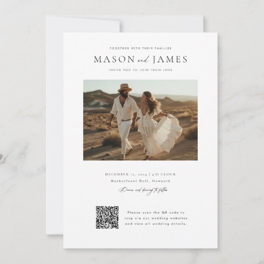 Rustieke fotoscript QR code minimalistische bruilo Kaart (Achterkant)