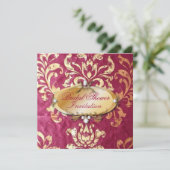 Rustieke Fuchsia Gouden Damast bruiloft Kaart (Staand voorkant)
