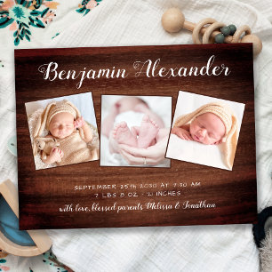 Rustieke geboorteaankondiging van nieuwe baby met briefkaart