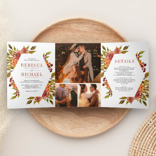 Rustieke gebrande Sinaasappel Bloemen Foto Collage Drieluik Uitnodiging