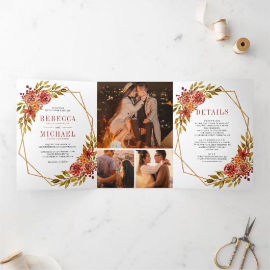 Rustieke gebrande Sinaasappel bloemen geometrisch  Drieluik Uitnodiging (Binnen)