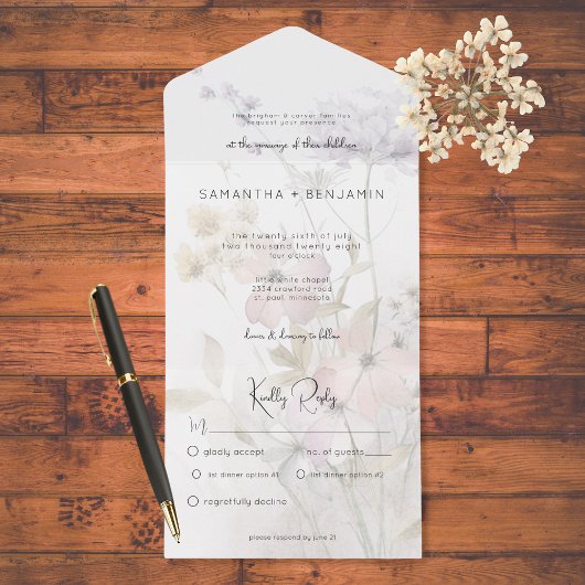 Rustieke gedempte wilde bloemen op wit diner all in one uitnodiging