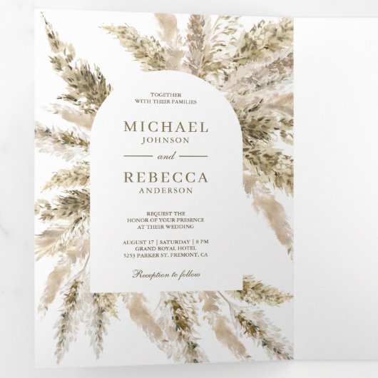 Rustieke gedroogde Boho Pampas Grass Arch Foto Bru Drieluik Uitnodiging (Binnenzijde eerst)