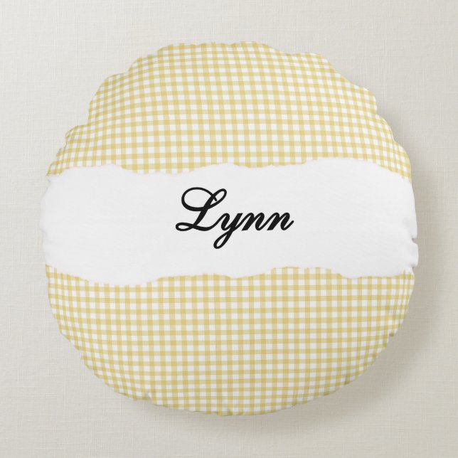 Rustieke Gele Gingham Persoonlijke Naam Rond Kussen (Voorkant)