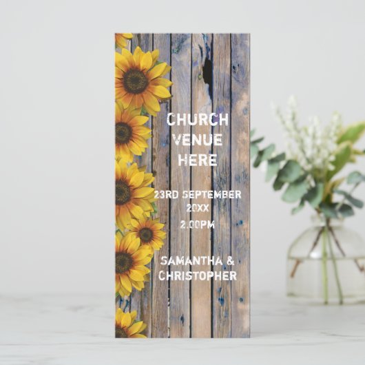 Rustieke gele zonnebloem kerk huwelijksprogramma programma (Staand voorkant)