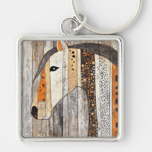 Rustieke Geometrische Boho Houtstructuur Paard Sleutelhanger