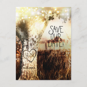 Rustieke Gesneden Boom & Lichtjes Save The Date Aankondigingskaart