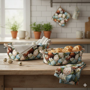 Rustieke gespikkelde paaseieren en lentebloemen stof