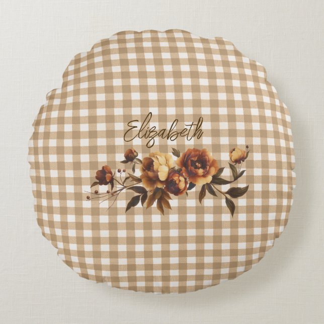 Rustieke Gingham Herfst Bloemen Gepersonaliseerd Rond Kussen (Voorkant)