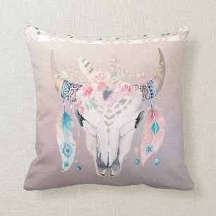 Rustieke Glam Boho Bloemkoe Skull & Veren Kussen