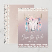 Rustieke Glam Boho Bloemrijke Koeien Schedel Bewaa Aankondigingskaart (Voorkant / Achterkant)