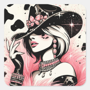 Rustieke Glam Cowgirl Roze Glitter Koehuid Print Vierkante Sticker