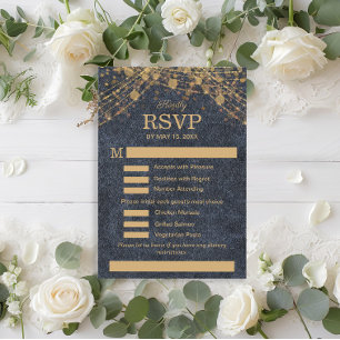 Rustieke Glam Navy Blauwe Gouden Huwelijksmenu RSV RSVP Kaartje