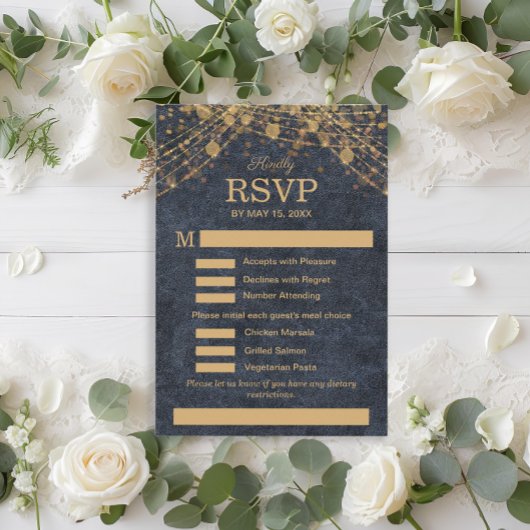 Rustieke Glam Navy Blauwe Gouden Huwelijksmenu RSV RSVP Kaartje