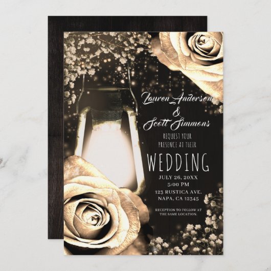 Rustieke gloed lantaarn licht gouden Rozen bruilof Kaart (Voorkant / Achterkant)