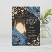 Rustieke Gloeilantaarn Stofblauw Rozen Sweet 16 Kaart (Staand voorkant)